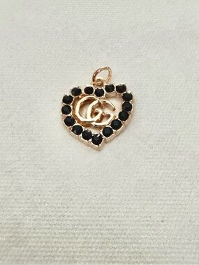 Gucci Gold Heart Pendant Charm with Black Crystals, Double G Logo, Authentic